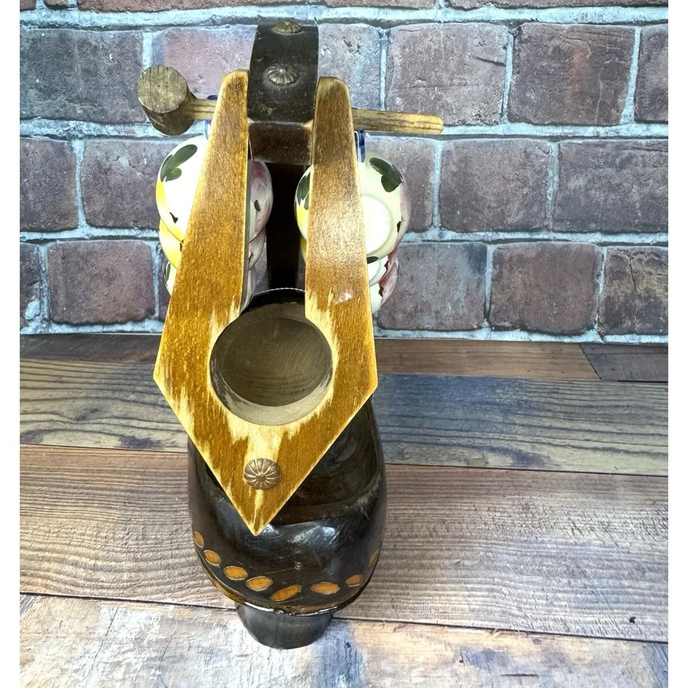 Vintage Dutch Clog Wine Bottle Holder Hand Carved Wooden Shoe W 6 Quimper Cups